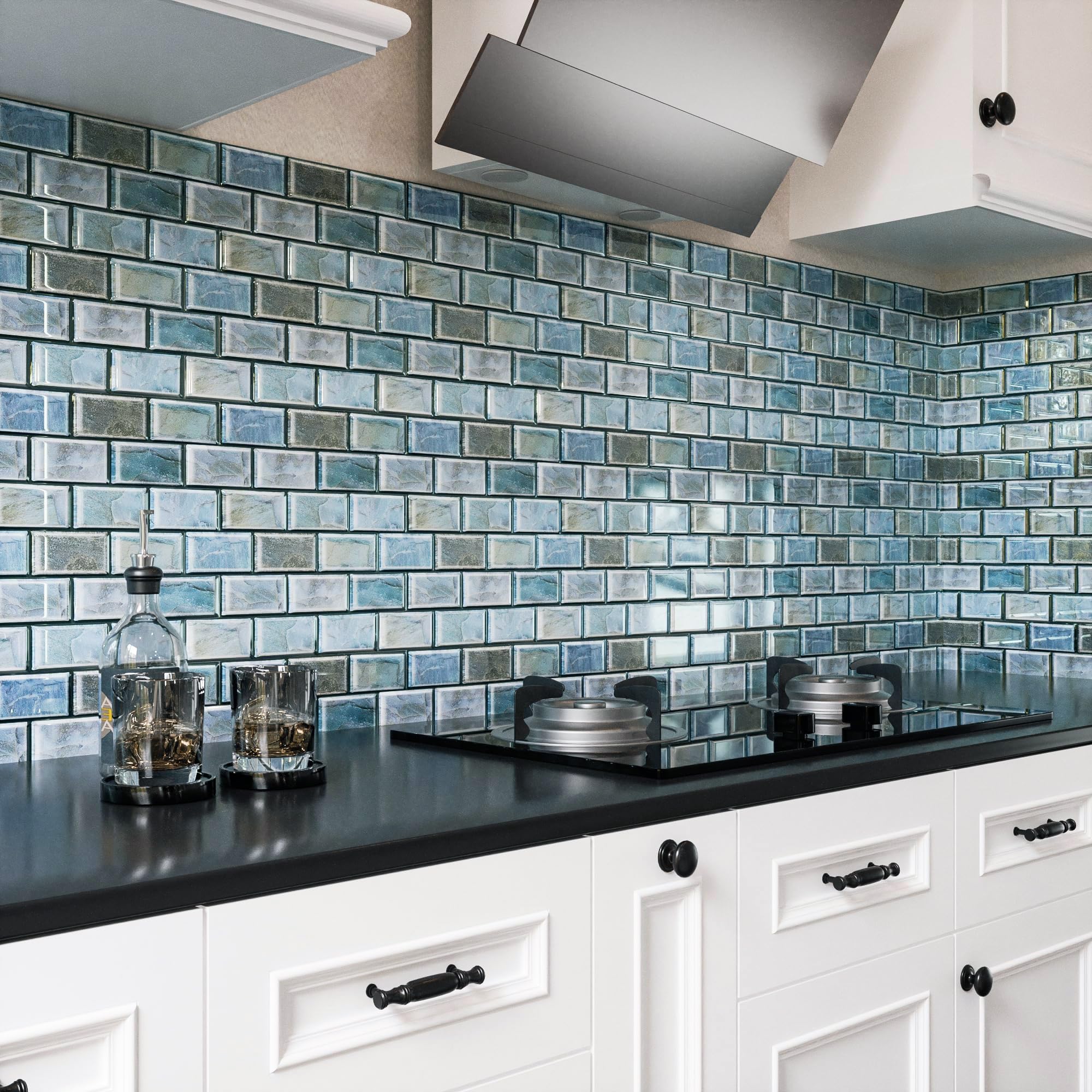 Kitchen backsplash where Stovyn mounts with adhesive