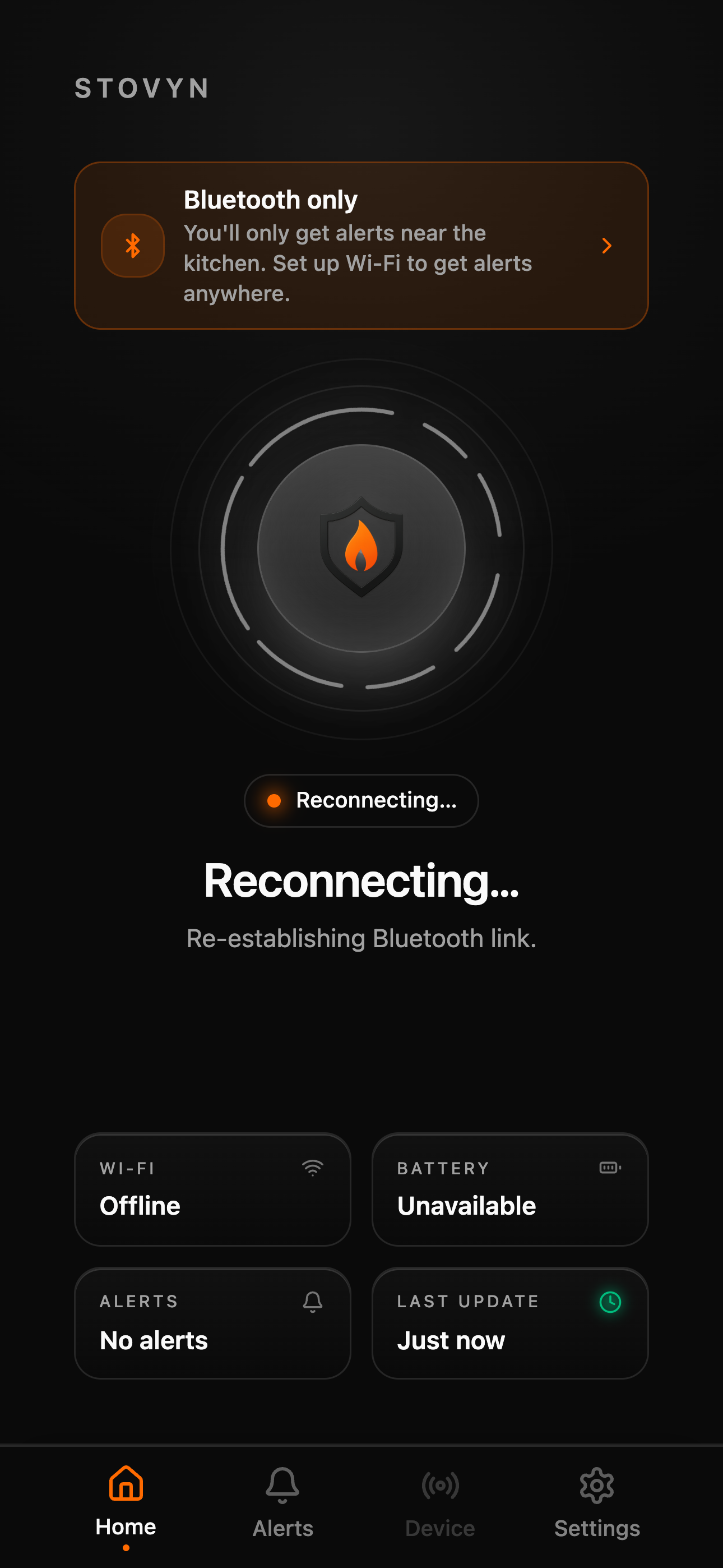 Stovyn app home screen showing live burner status and alerts